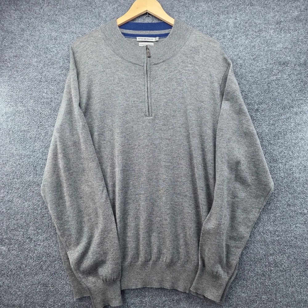 Peter Millar Mens XL Grey Merino Wool Cotton Blend Quarter Zip Sweater Mock Neck - Picture 1 of 7